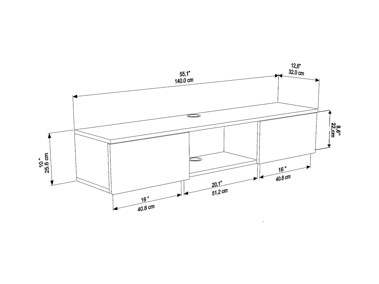 Meuble TV Mural Elia Flottant 140 Cm - Armoires - Passe-cable (noir Et Effet Alina)