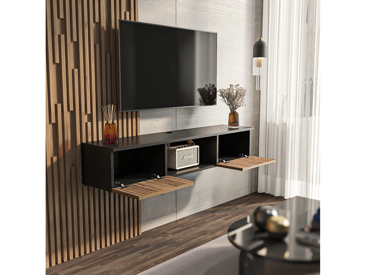 Meuble TV Mural Elia Flottant 140 Cm - Armoires - Passe-cable (noir Et Effet Alina)