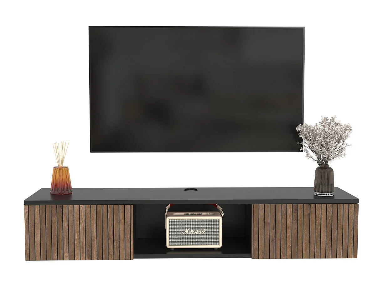 Meuble TV Mural Elia Flottant 140 Cm - Armoires - Passe-cable (noir Et Effet Alina)