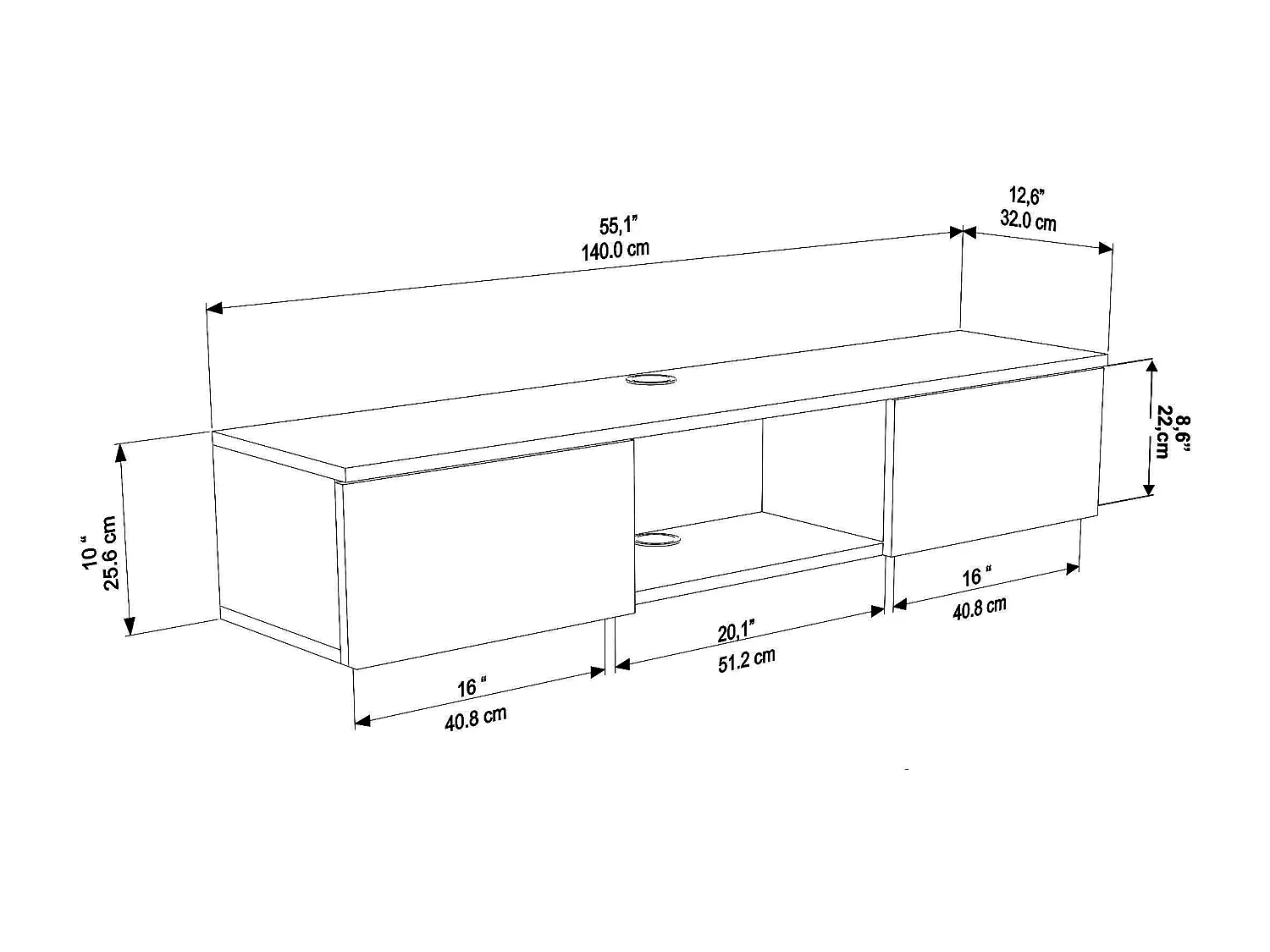 Meuble TV Mural Elia Flottant 140 Cm - Armoires - Passe-cable (noir Et Effet Alina)