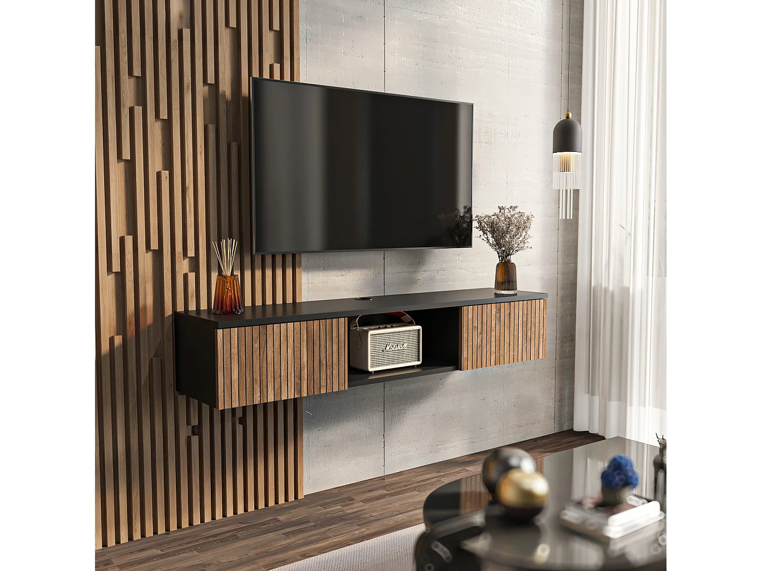 Meuble TV Mural Elia Flottant 140 Cm - Armoires - Passe-cable (noir Et Effet Alina)