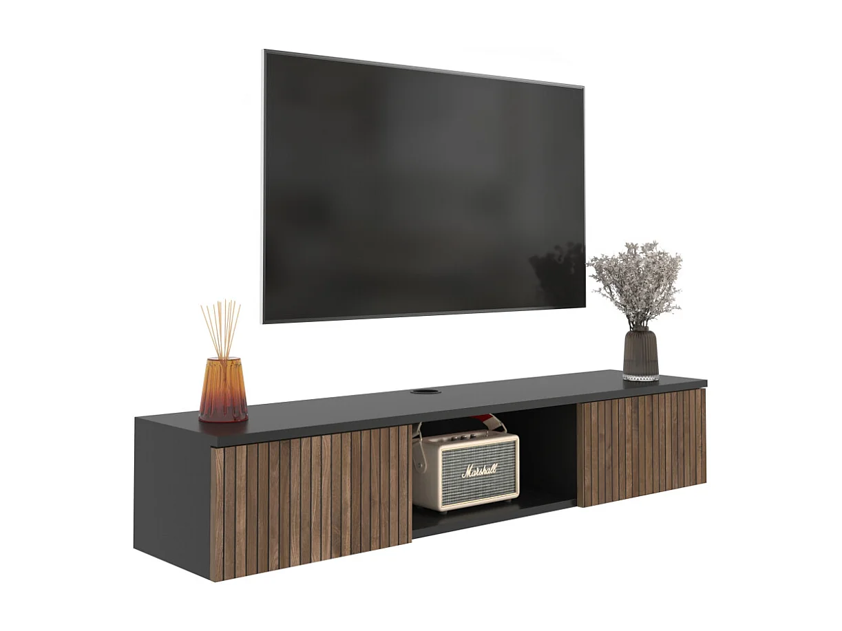 Meuble TV Mural Elia Flottant 140 Cm - Armoires - Passe-cable (noir Et Effet Alina)