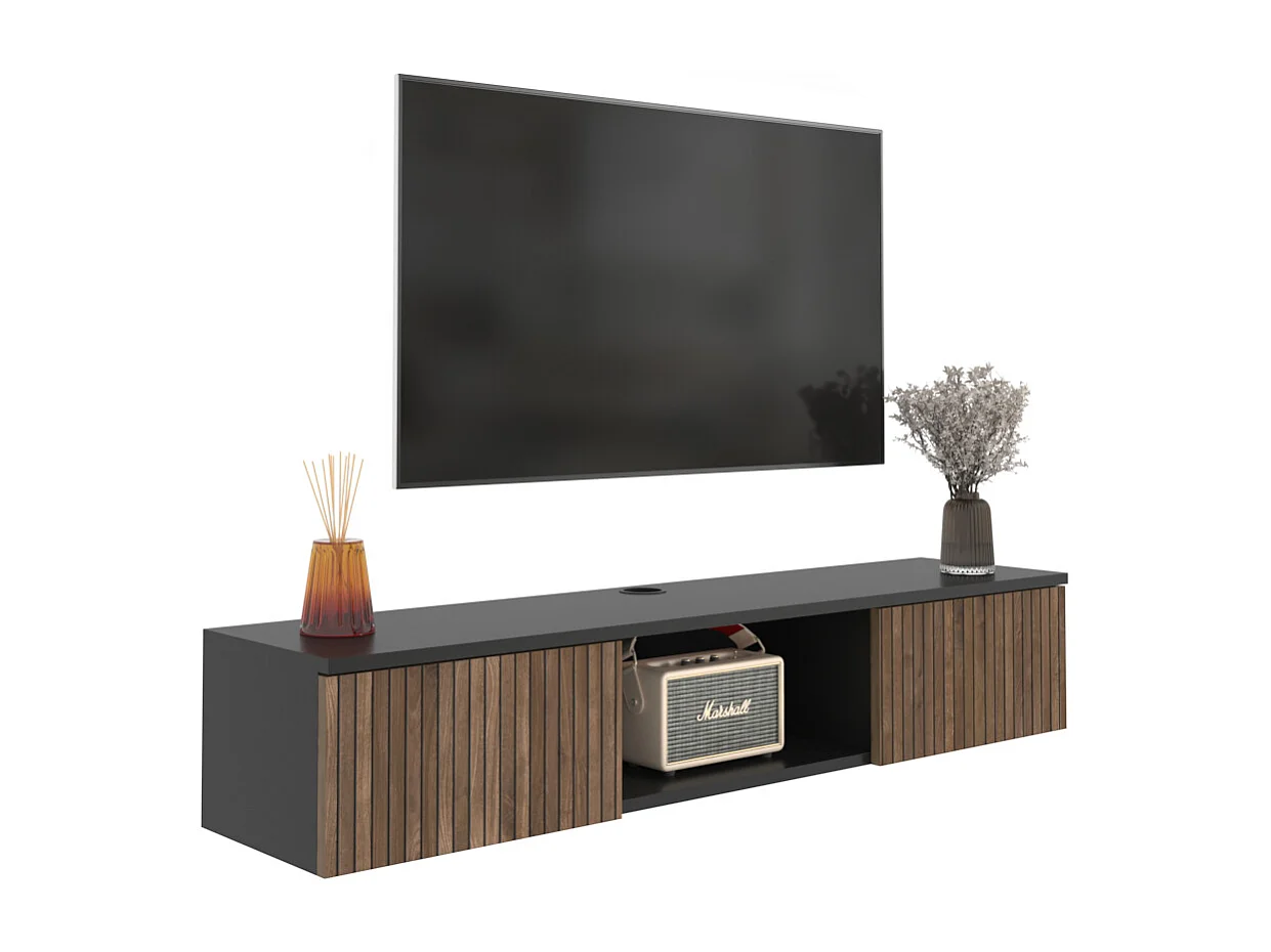 Meuble TV Mural Elia Flottant 140 Cm - Armoires - Passe-cable (noir Et Effet Alina)