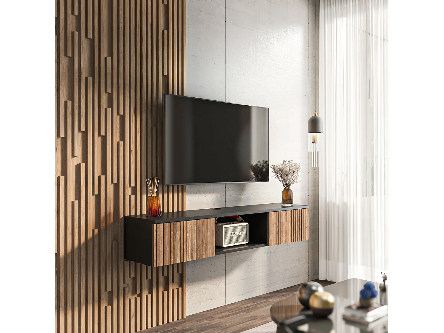 Meuble TV Mural Elia Flottant 140 Cm - Armoires - Passe-cable (noir Et Effet Alina)