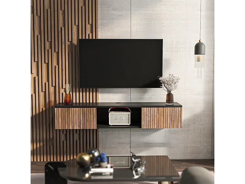 Meuble TV Mural Elia Flottant 140 Cm - Armoires - Passe-cable (noir Et Effet Alina)