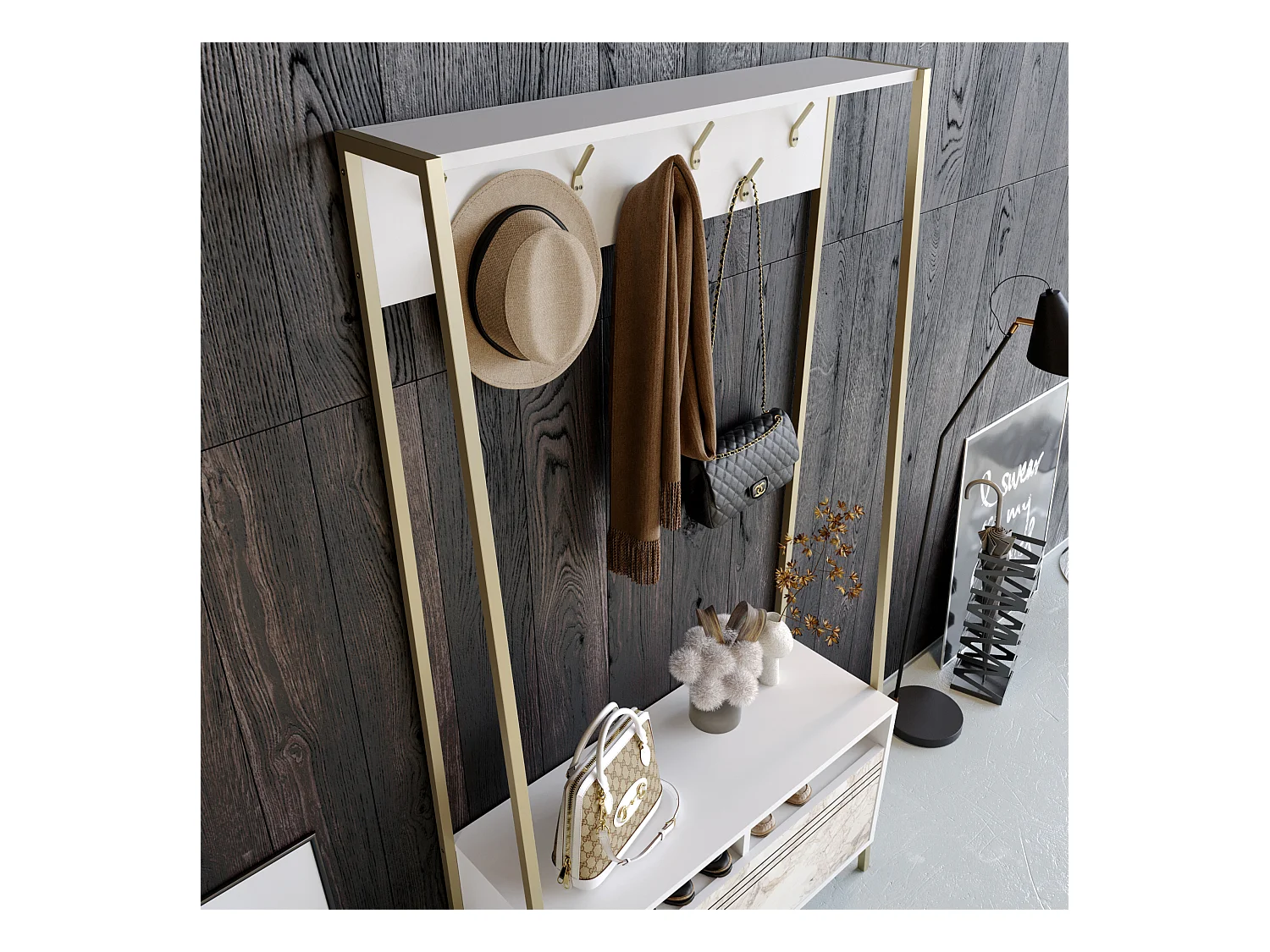 Portemanteau d’entrée Devin 180 cm – 7 patères, placard et étagères ouvertes (Effet marbre blanc et Doré)