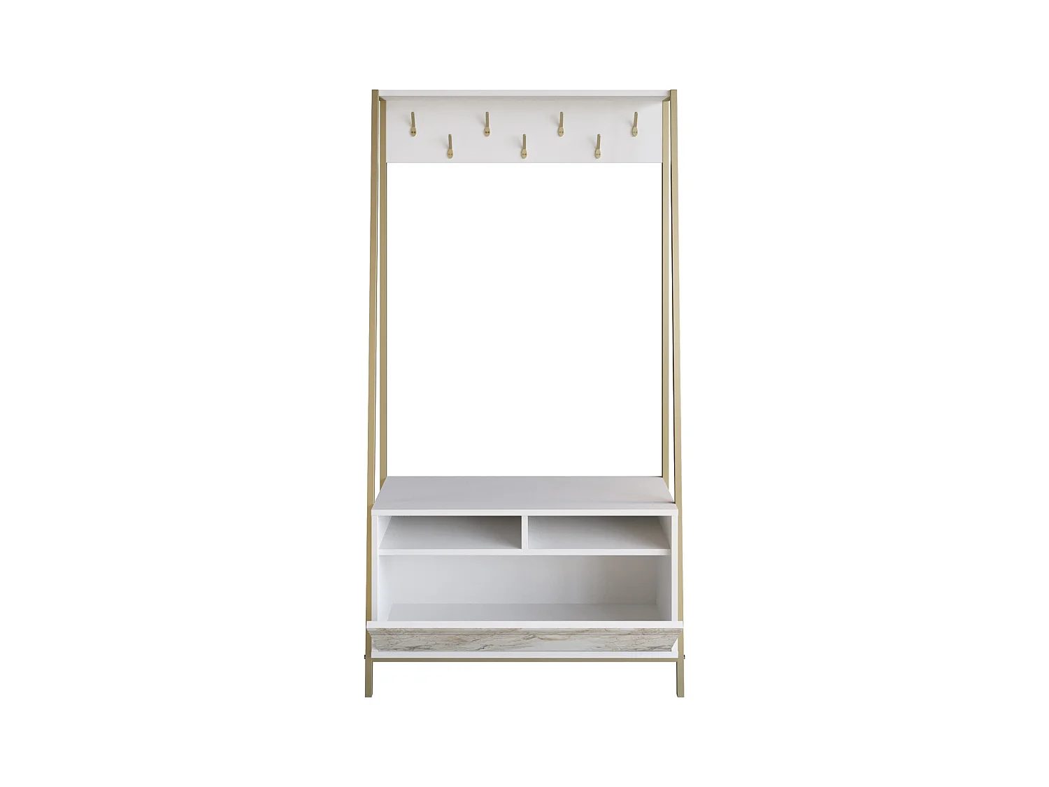 Portemanteau d’entrée Devin 180 cm – 7 patères, placard et étagères ouvertes (Effet marbre blanc et Doré)