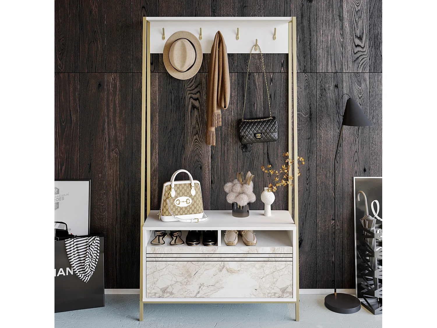 Portemanteau d’entrée Devin 180 cm – 7 patères, placard et étagères ouvertes (Effet marbre blanc et Doré)