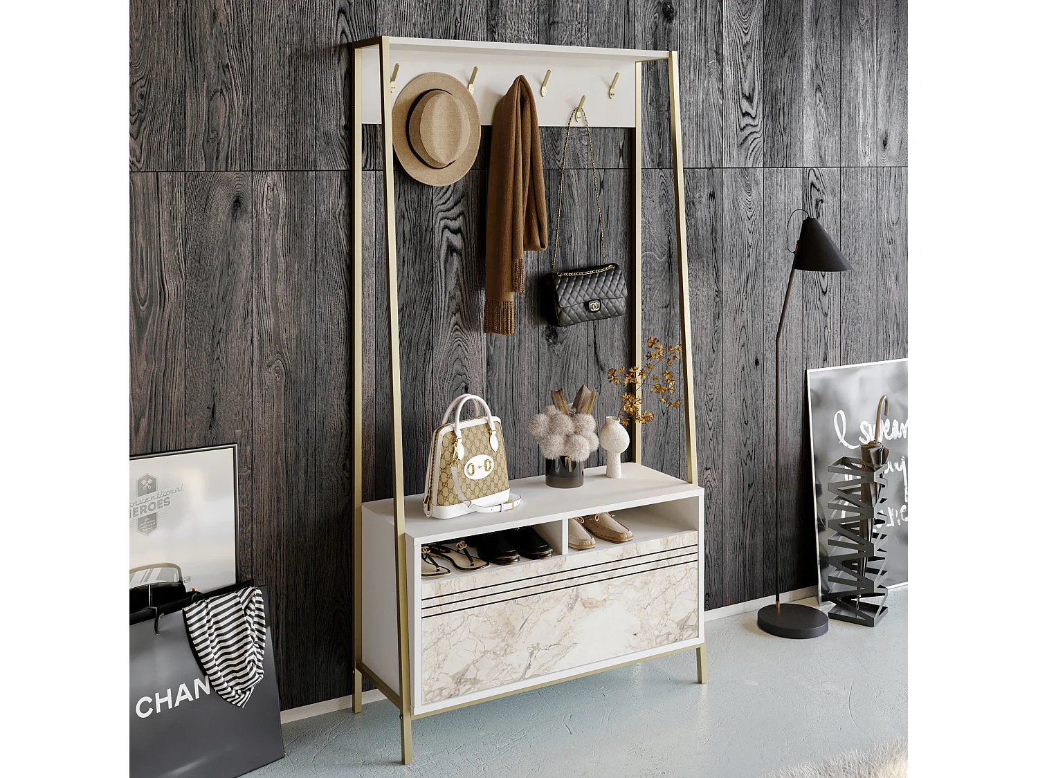 Portemanteau d’entrée Devin 180 cm – 7 patères, placard et étagères ouvertes (Effet marbre blanc et Doré)