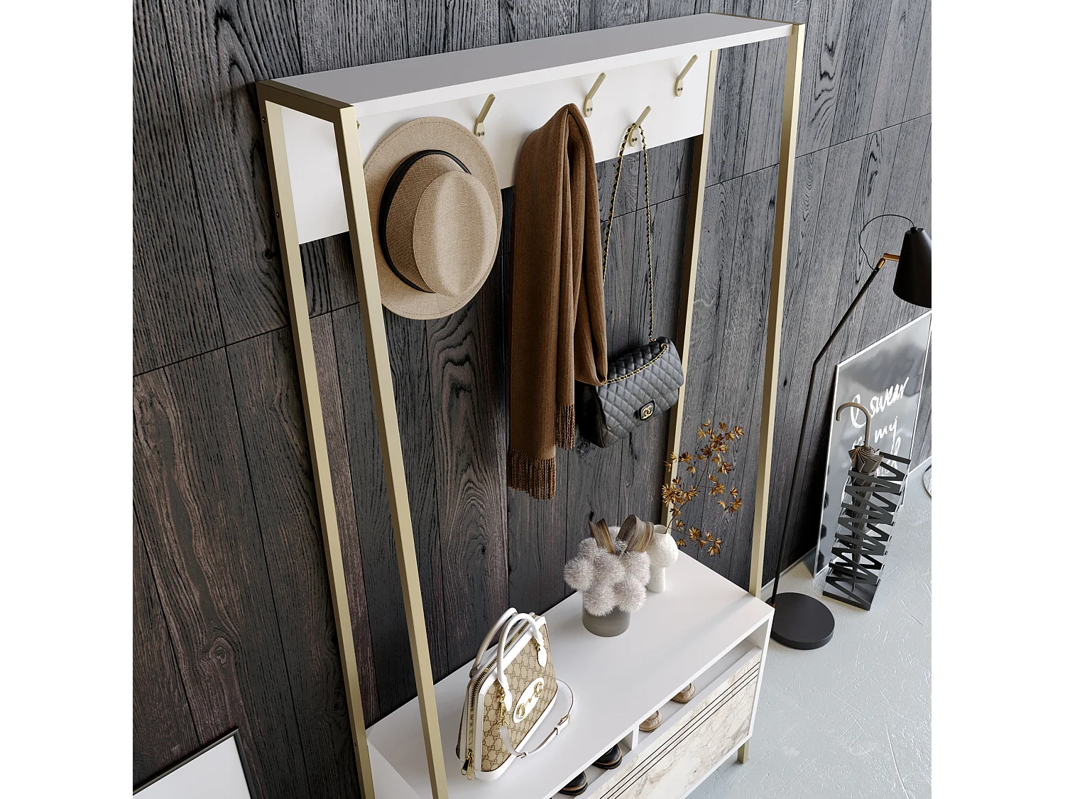 Portemanteau d’entrée Devin 180 cm – 7 patères, placard et étagères ouvertes (Effet marbre blanc et Doré)