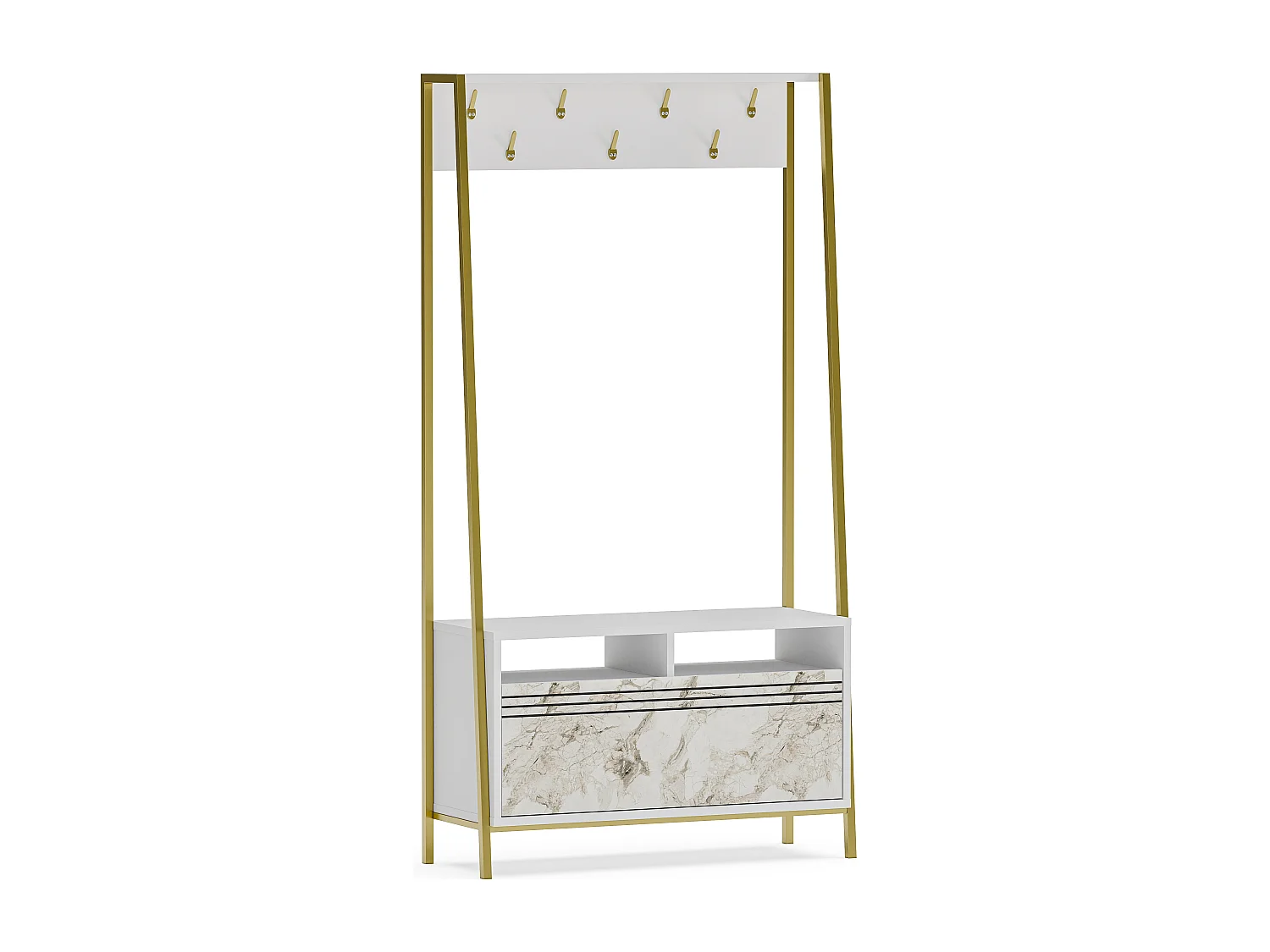 Portemanteau d’entrée Devin 180 cm – 7 patères, placard et étagères ouvertes (Effet marbre blanc et Doré)