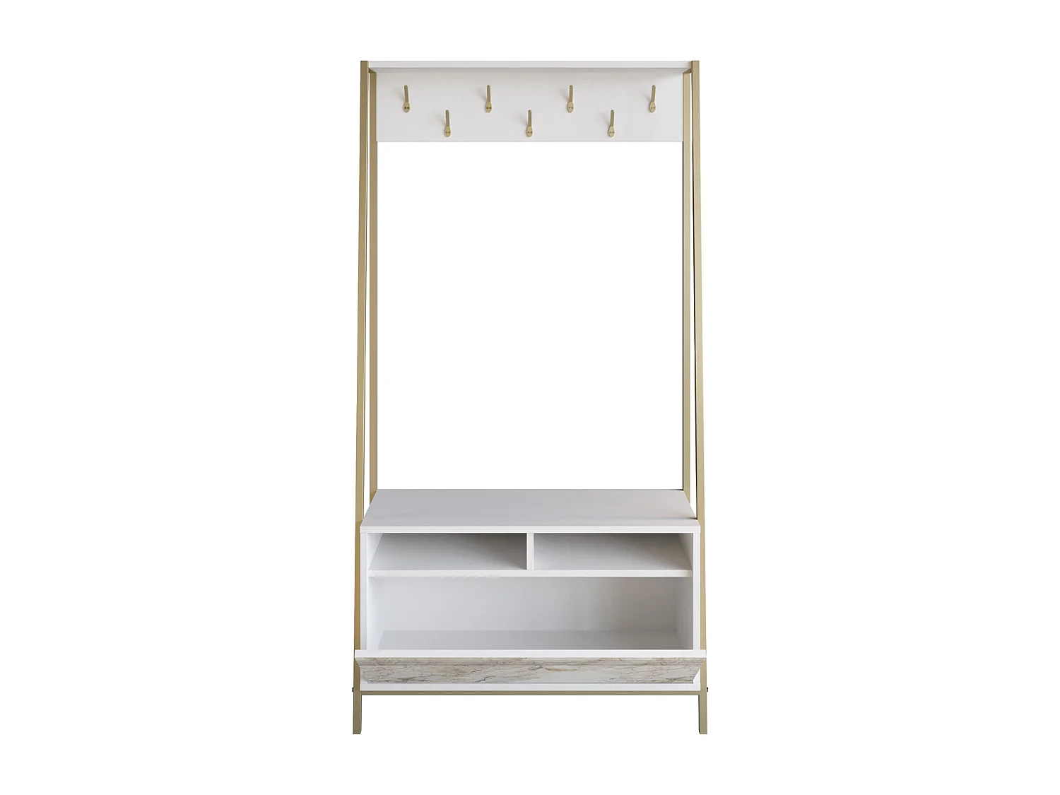 Portemanteau d’entrée Devin 180 cm – 7 patères, placard et étagères ouvertes (Effet marbre blanc et Doré)