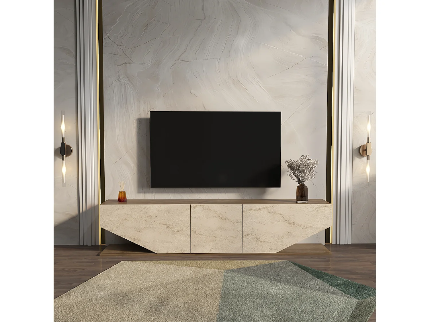 Meuble TV Pearl De 180 Cm Avec Des Armoires En Style Ailes (noyer Et Travertine)