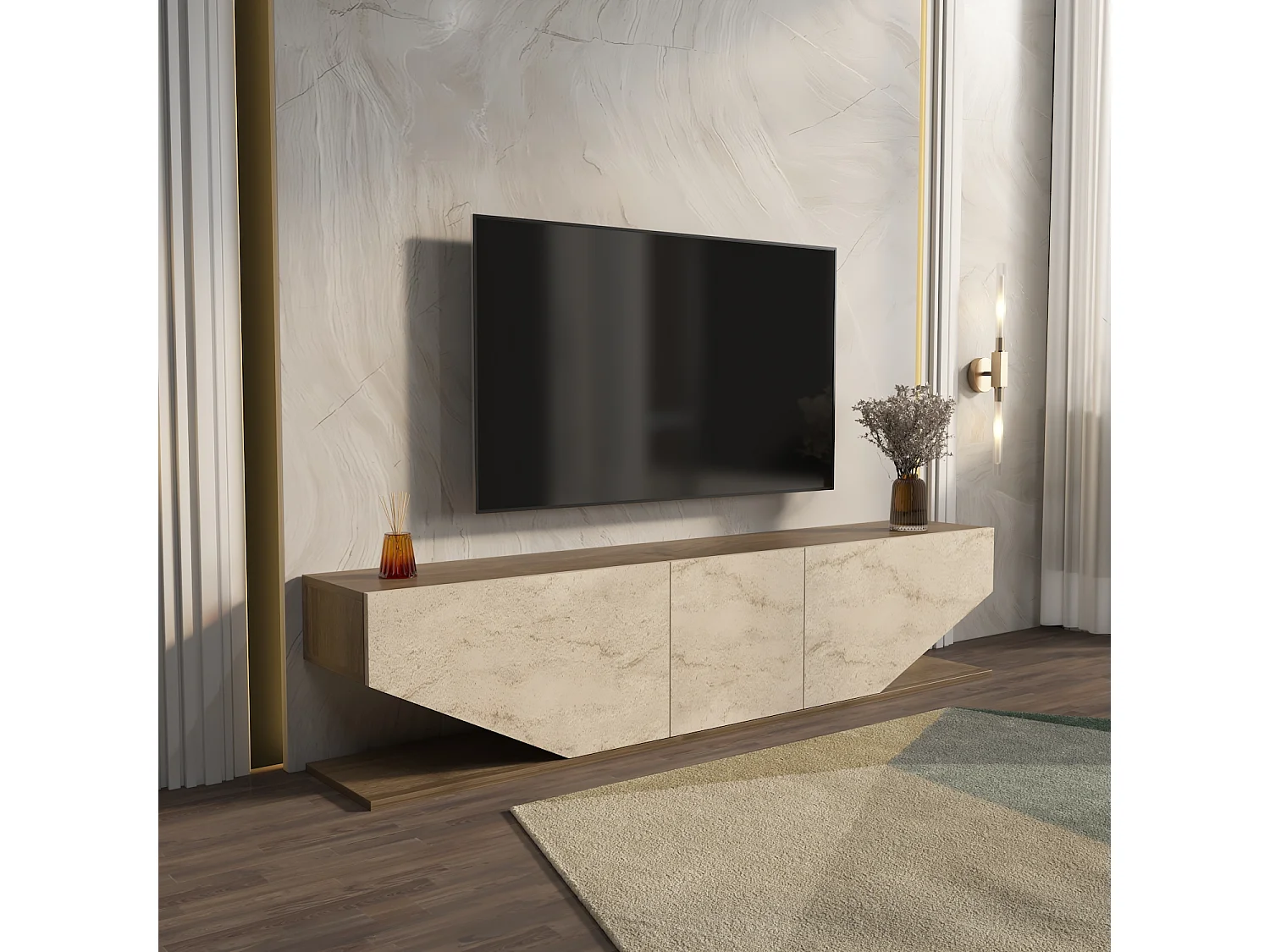 Meuble TV Pearl De 180 Cm Avec Des Armoires En Style Ailes (noyer Et Travertine)