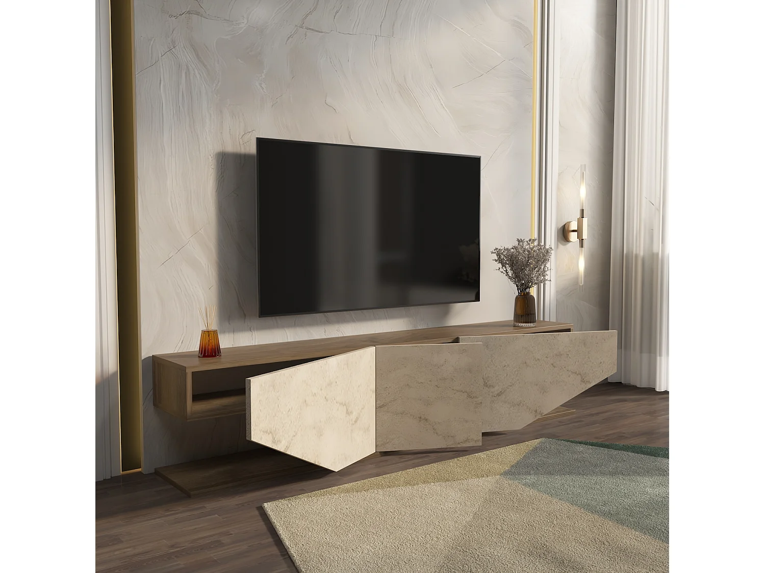 Meuble TV Pearl De 180 Cm Avec Des Armoires En Style Ailes (noyer Et Travertine)