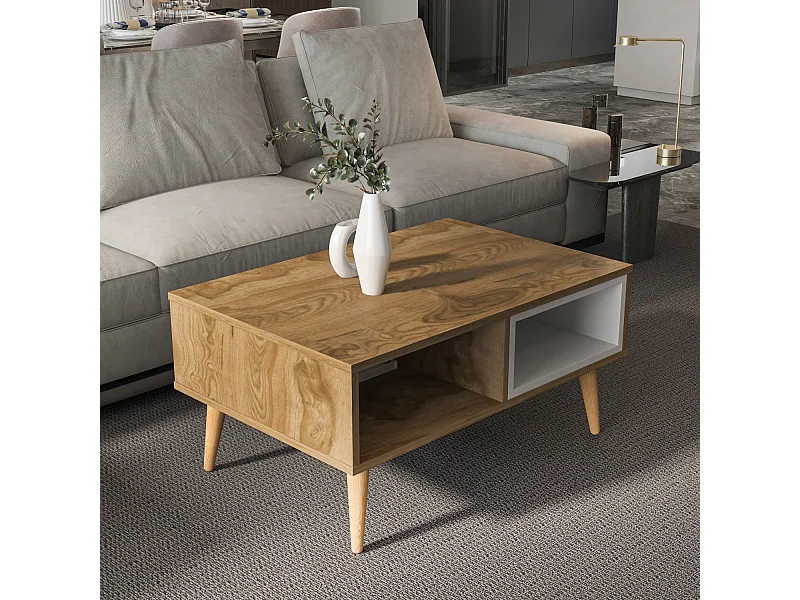 Table basse Oberon 90 x 60 cm – Design rectangulaire avec surface extensible (Oud et Blanc)