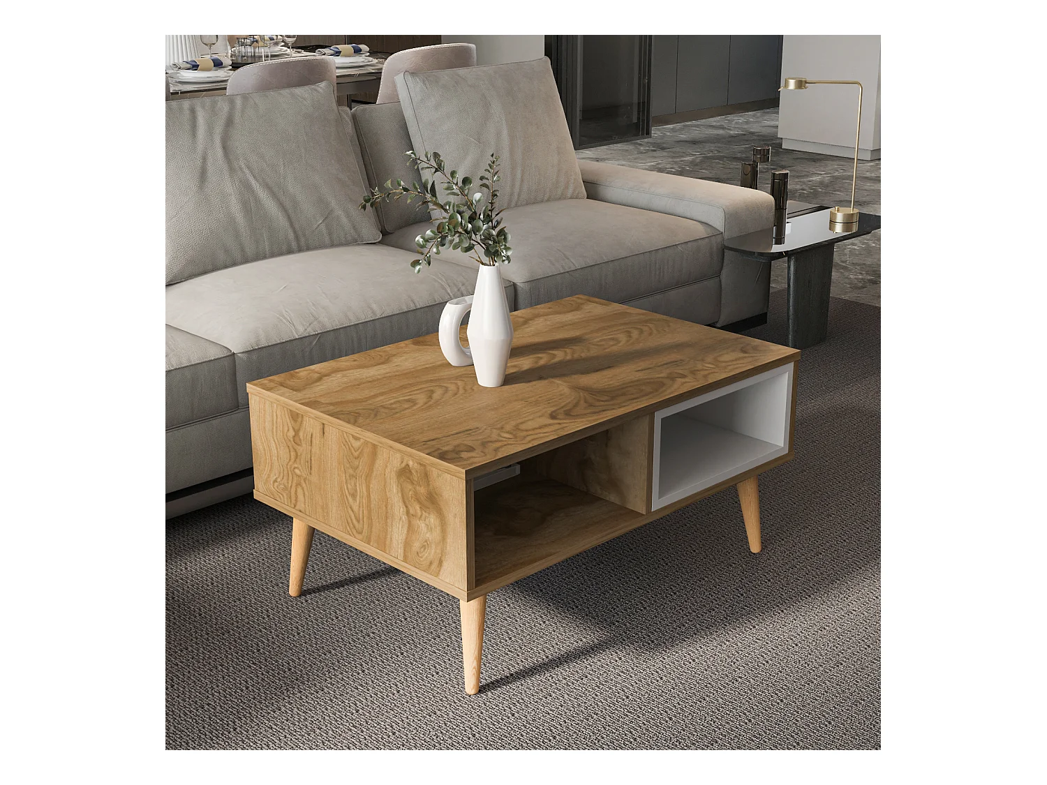 Table basse Oberon 90 x 60 cm – Design rectangulaire avec surface extensible (Oud et Blanc)