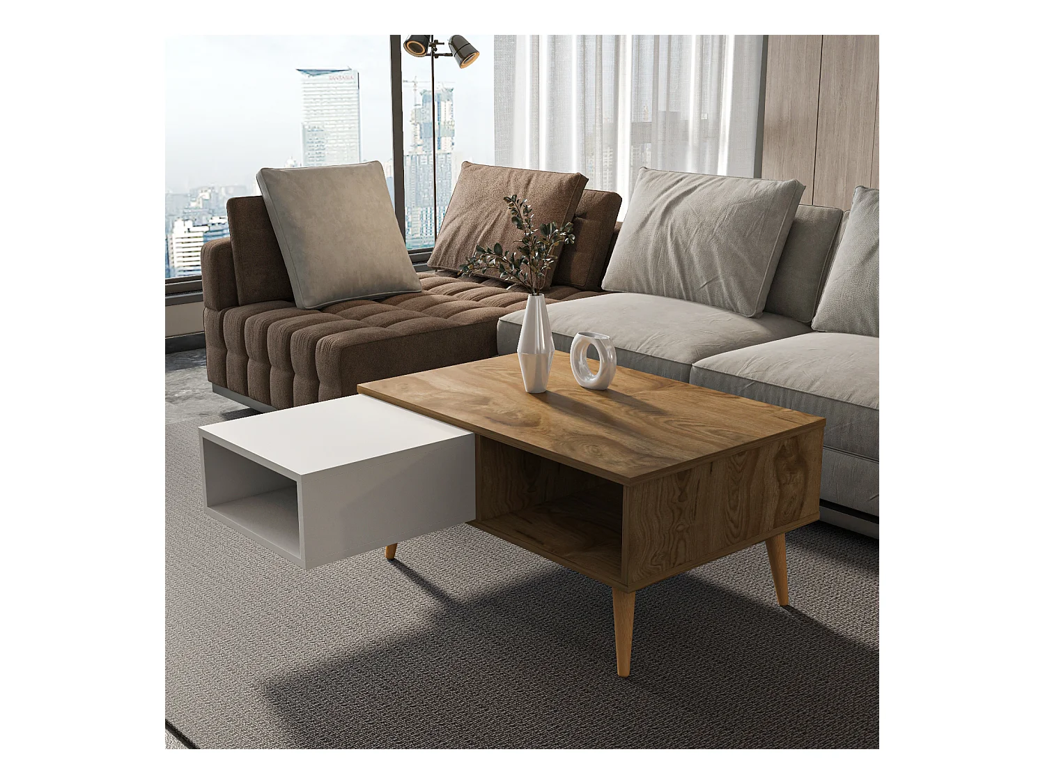 Table basse Oberon 90 x 60 cm – Design rectangulaire avec surface extensible (Oud et Blanc)
