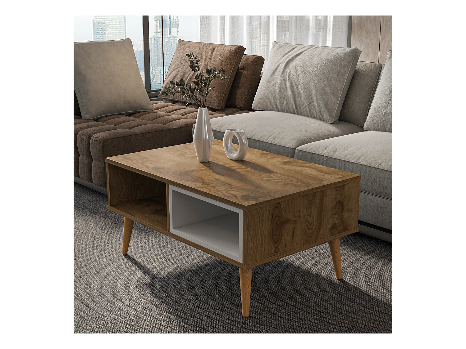 Table basse Oberon 90 x 60 cm – Design rectangulaire avec surface extensible (Oud et Blanc)