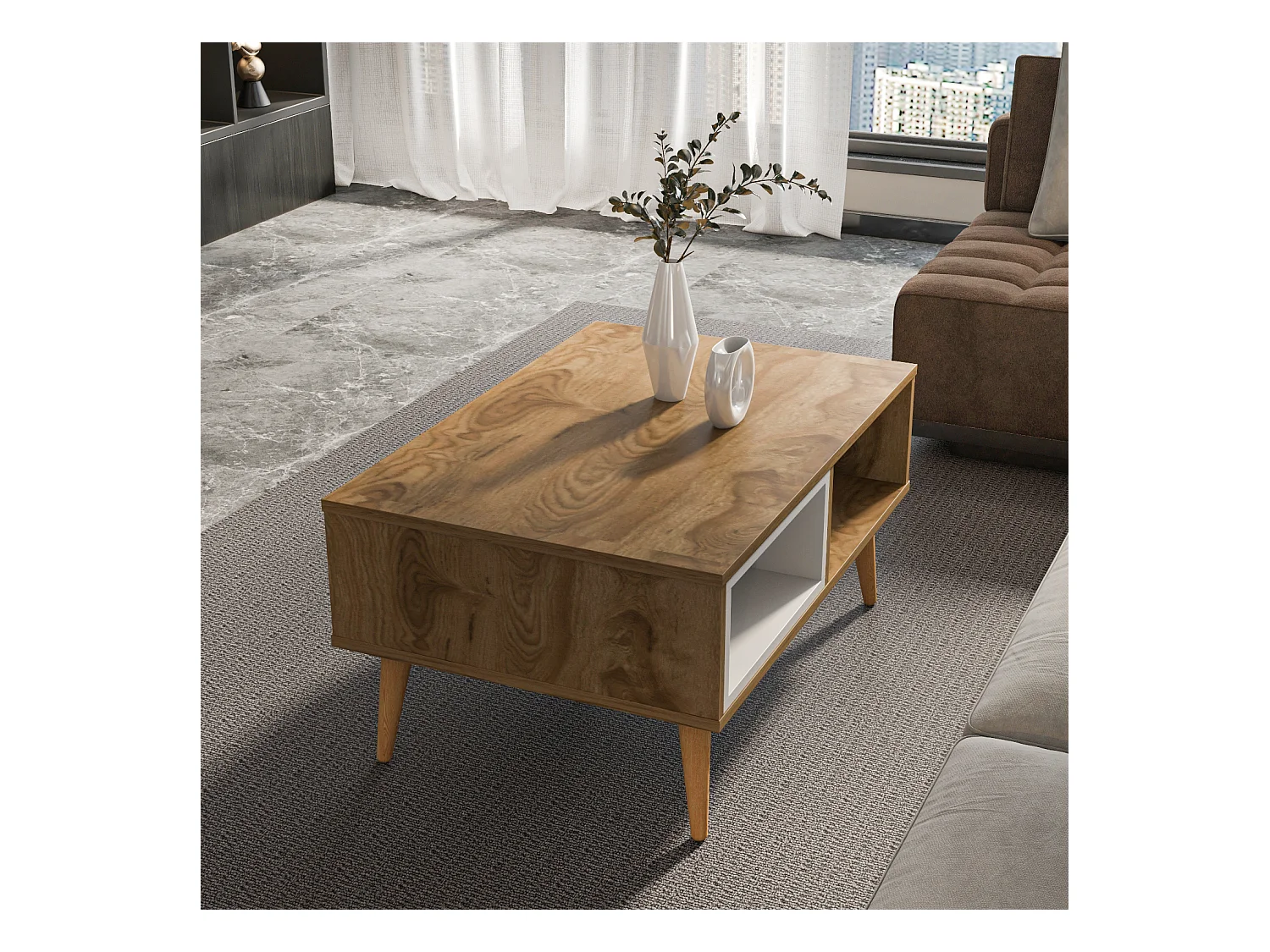 Table basse Oberon 90 x 60 cm – Design rectangulaire avec surface extensible (Oud et Blanc)