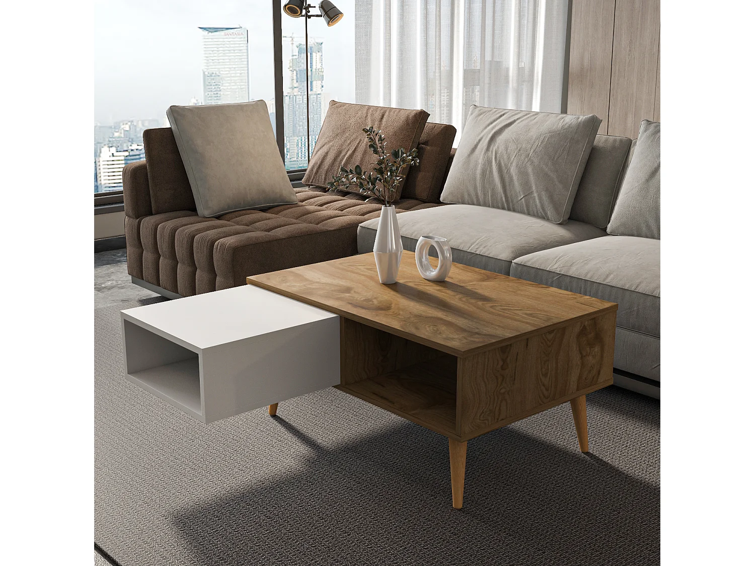 Table basse Oberon 90 x 60 cm – Design rectangulaire avec surface extensible (Oud et Blanc)