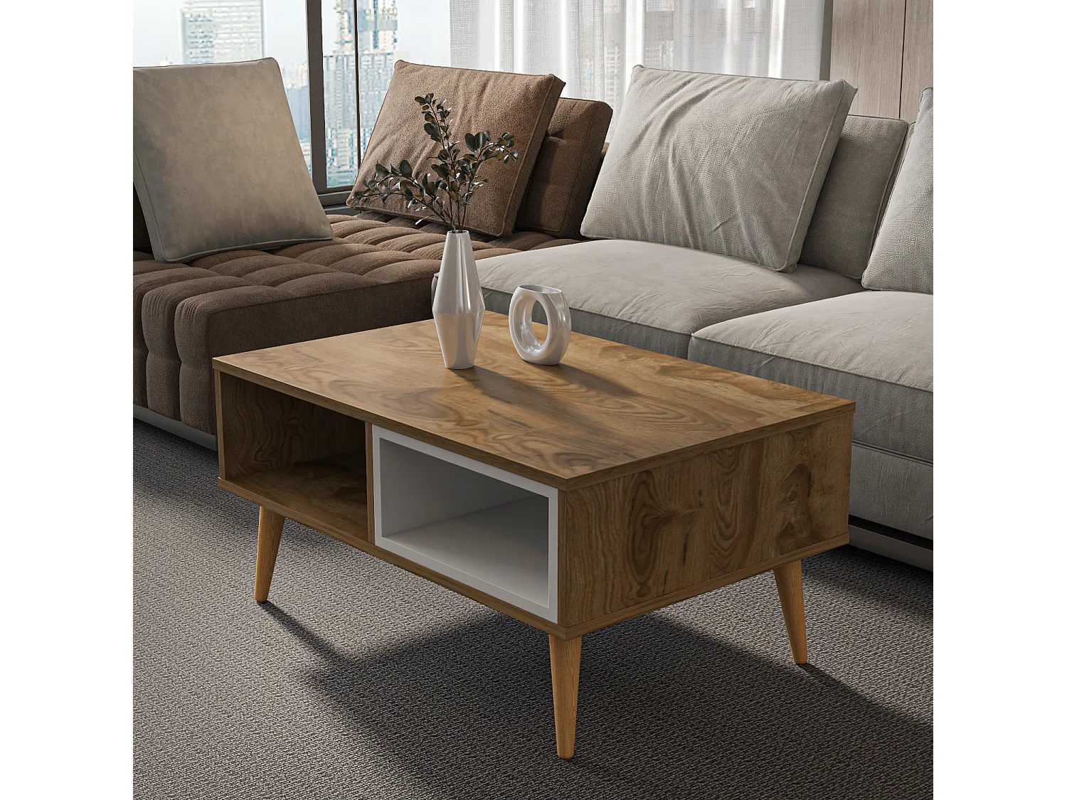 Table basse Oberon 90 x 60 cm – Design rectangulaire avec surface extensible (Oud et Blanc)