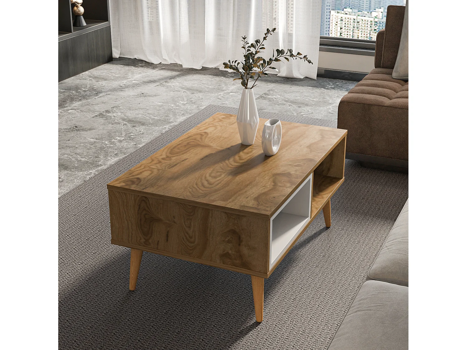 Table basse Oberon 90 x 60 cm – Design rectangulaire avec surface extensible (Oud et Blanc)