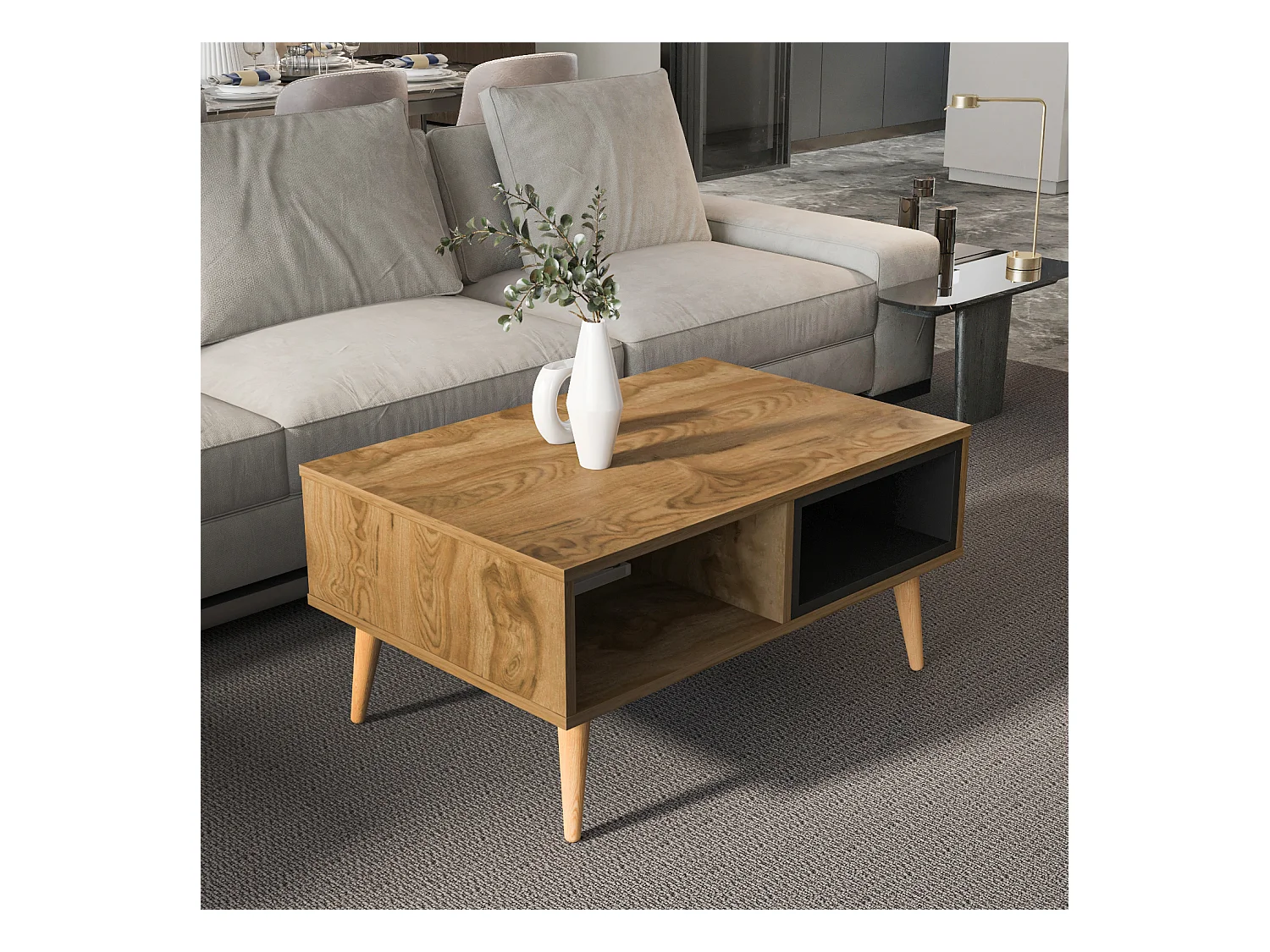 Table basse Oberon 90 x 60 cm – Design rectangulaire avec surface extensible (Oud et Noir)
