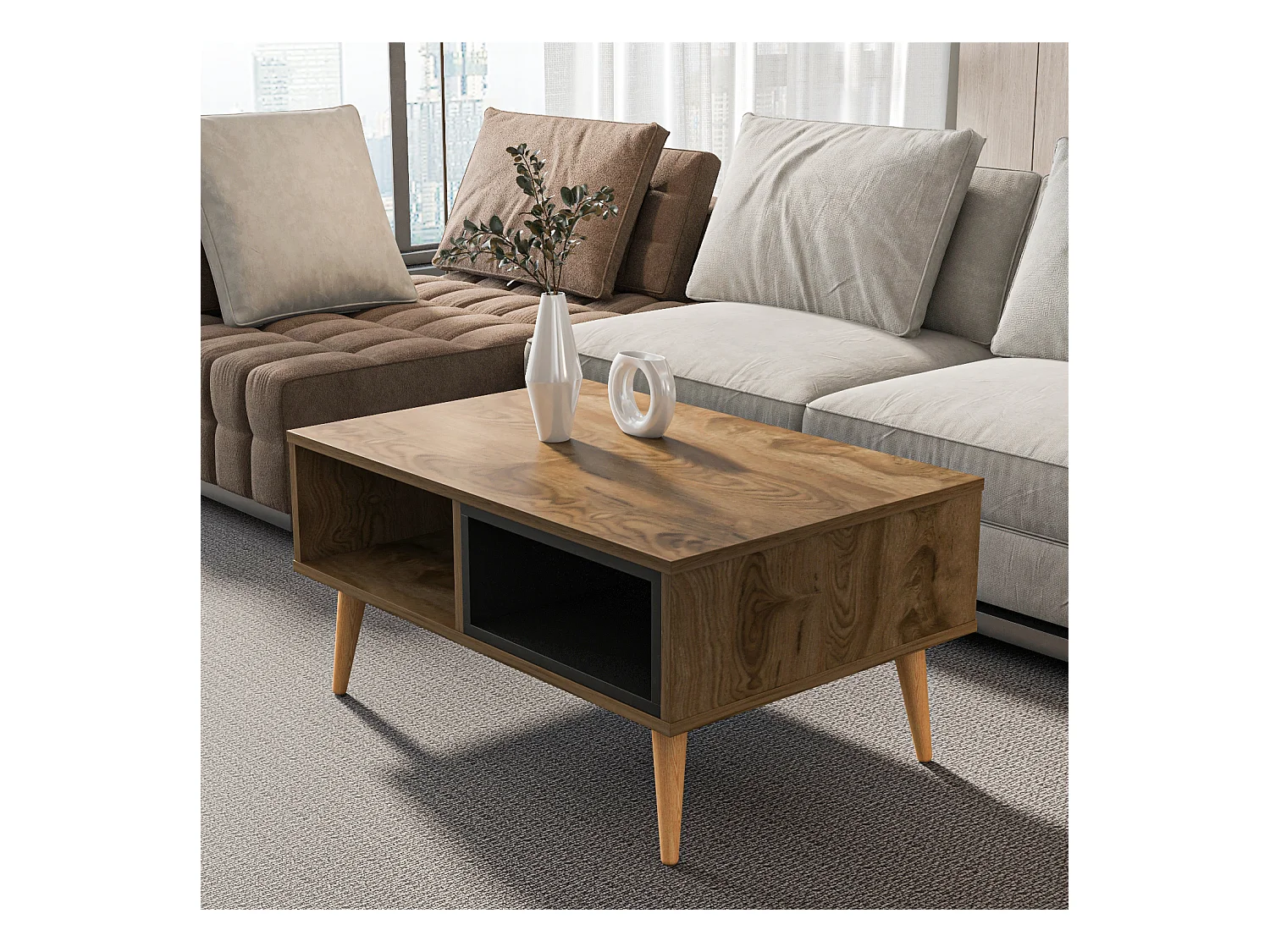 Table basse Oberon 90 x 60 cm – Design rectangulaire avec surface extensible (Oud et Noir)