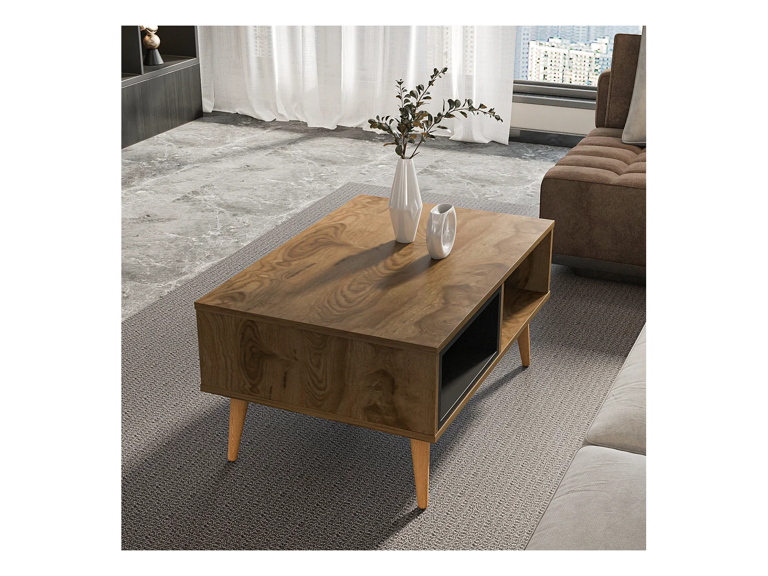Table basse Oberon 90 x 60 cm – Design rectangulaire avec surface extensible (Oud et Noir)