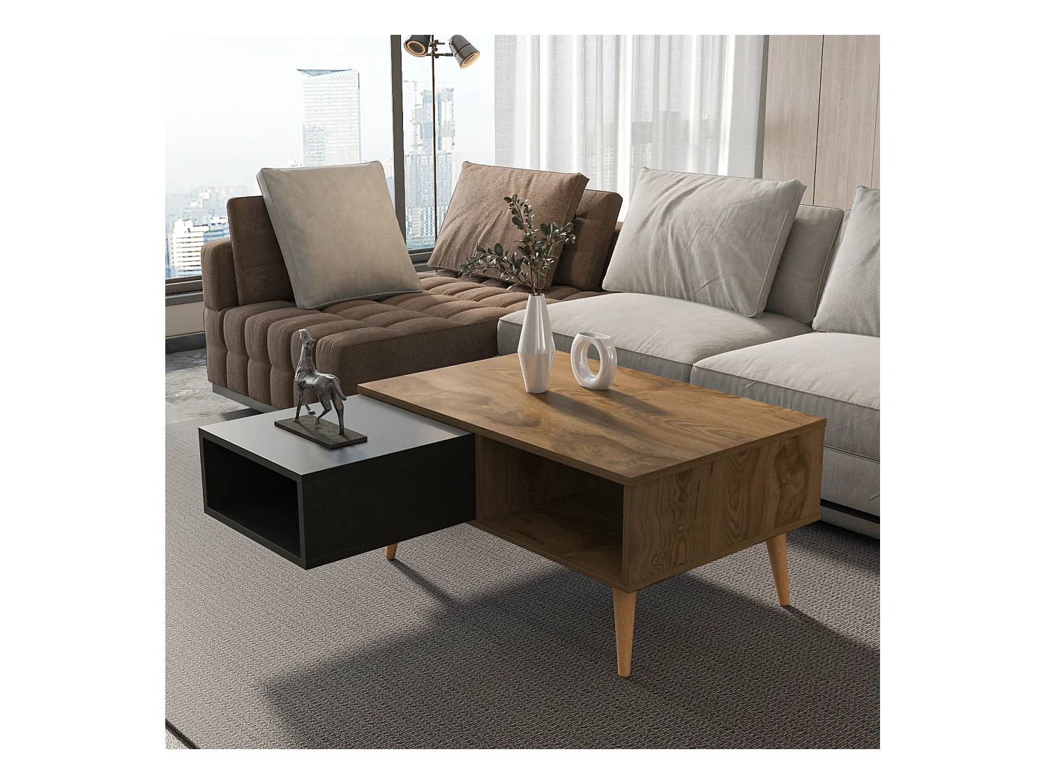 Table basse Oberon 90 x 60 cm – Design rectangulaire avec surface extensible (Oud et Noir)