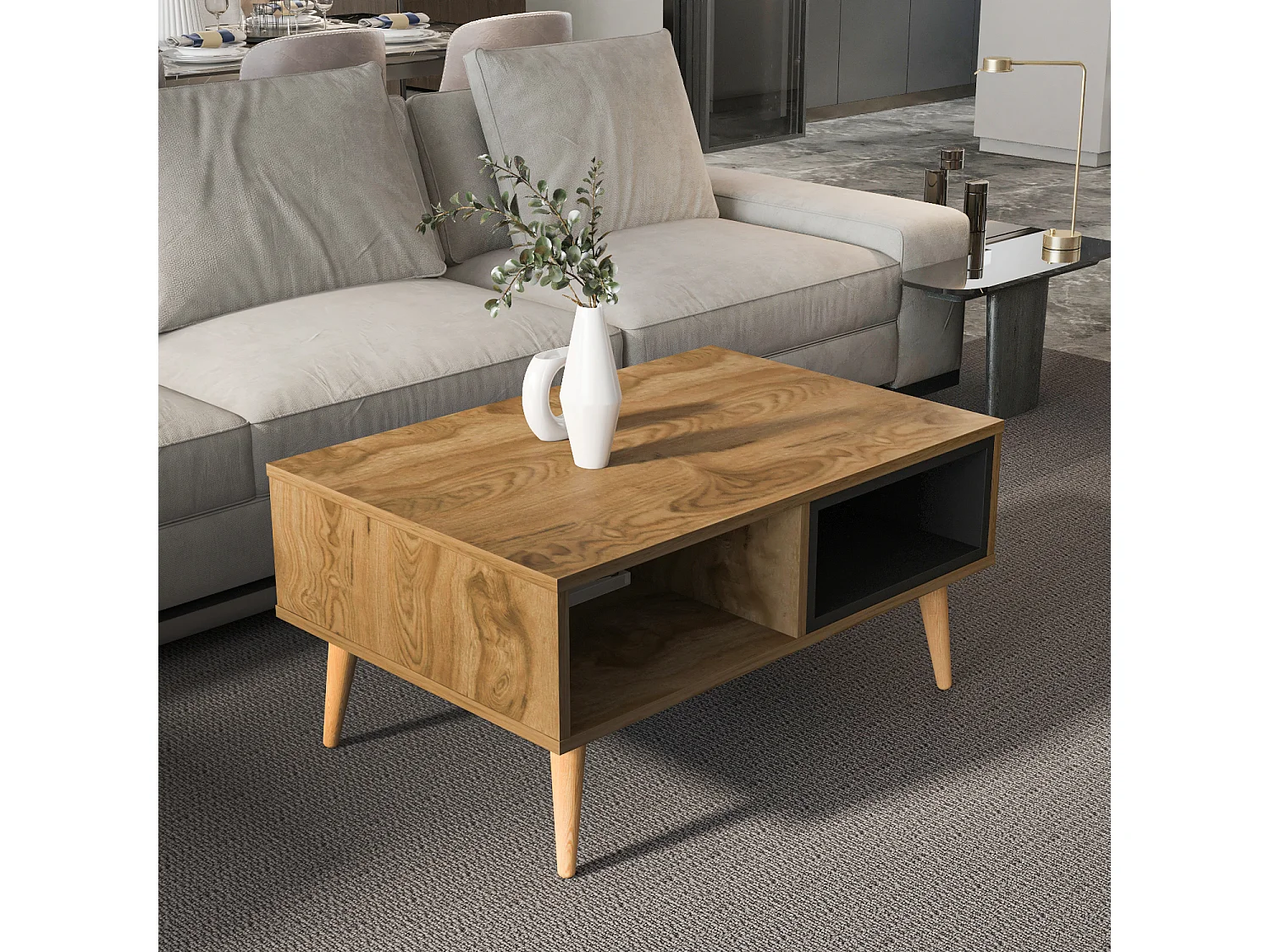 Table basse Oberon 90 x 60 cm – Design rectangulaire avec surface extensible (Oud et Noir)