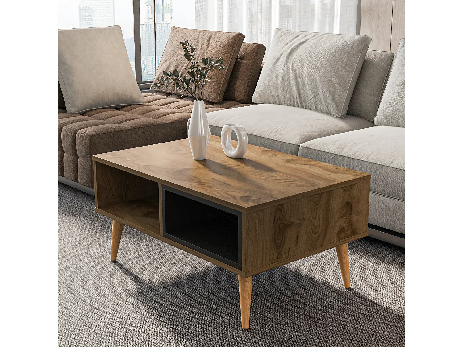Table basse Oberon 90 x 60 cm – Design rectangulaire avec surface extensible (Oud et Noir)