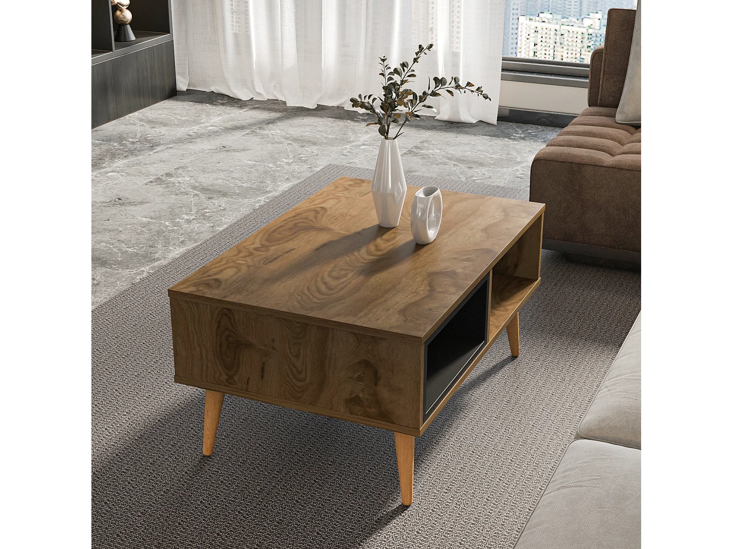 Table basse Oberon 90 x 60 cm – Design rectangulaire avec surface extensible (Oud et Noir)