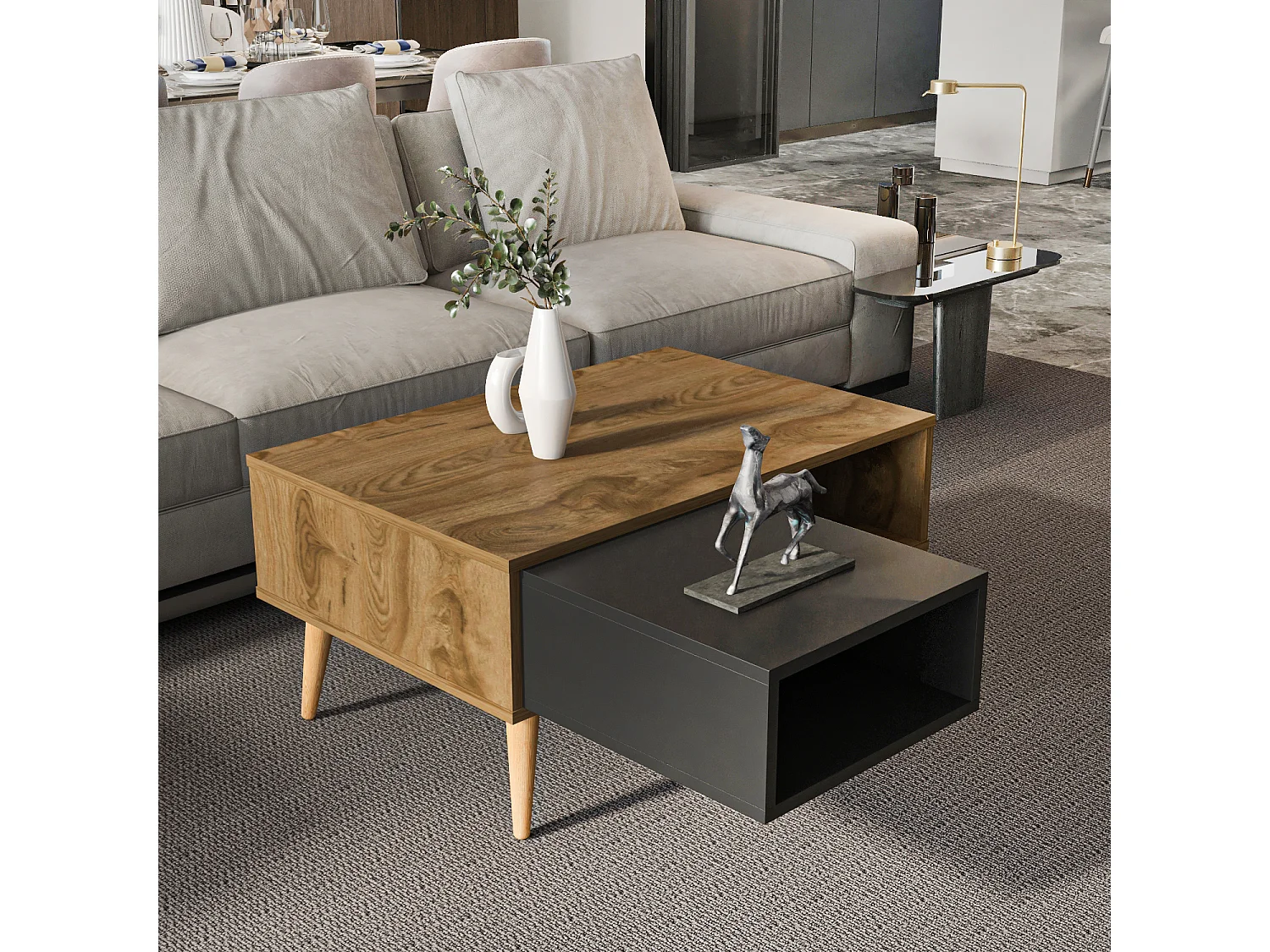 Table basse Oberon 90 x 60 cm – Design rectangulaire avec surface extensible (Oud et Noir)