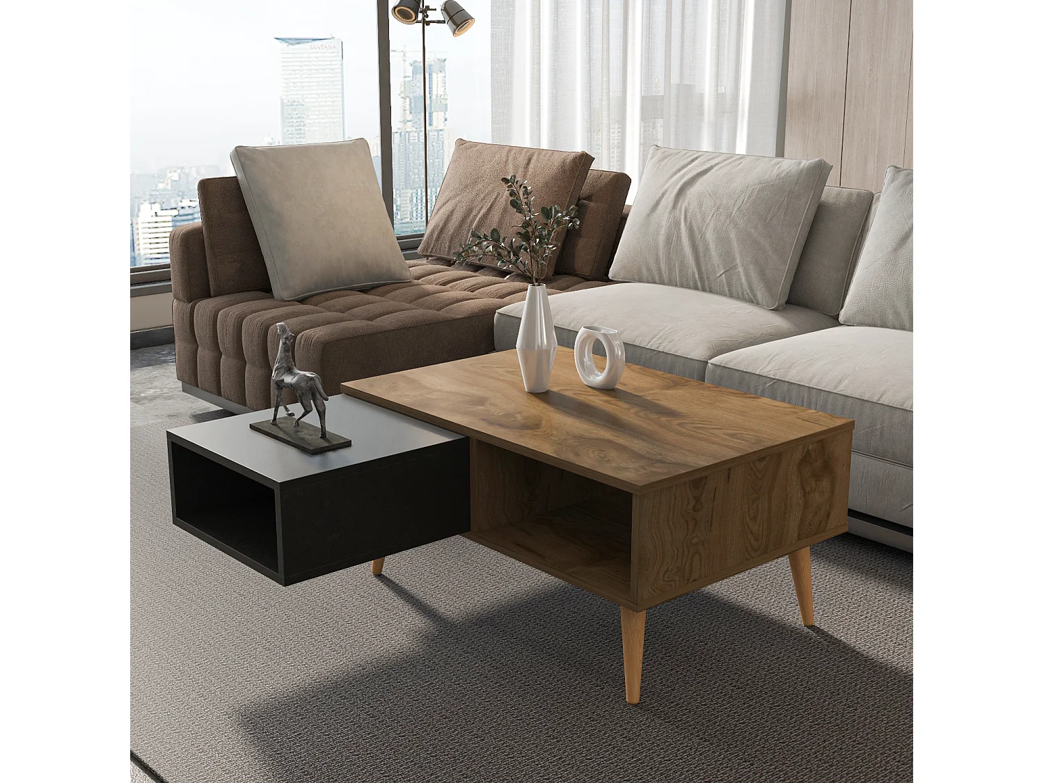 Table basse Oberon 90 x 60 cm – Design rectangulaire avec surface extensible (Oud et Noir)