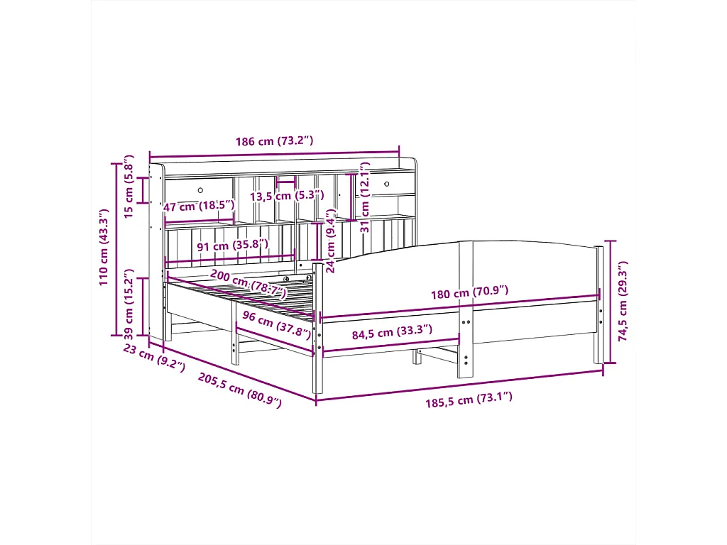 Cama com estante sem colchão 180x200 cm pinho maciço branco