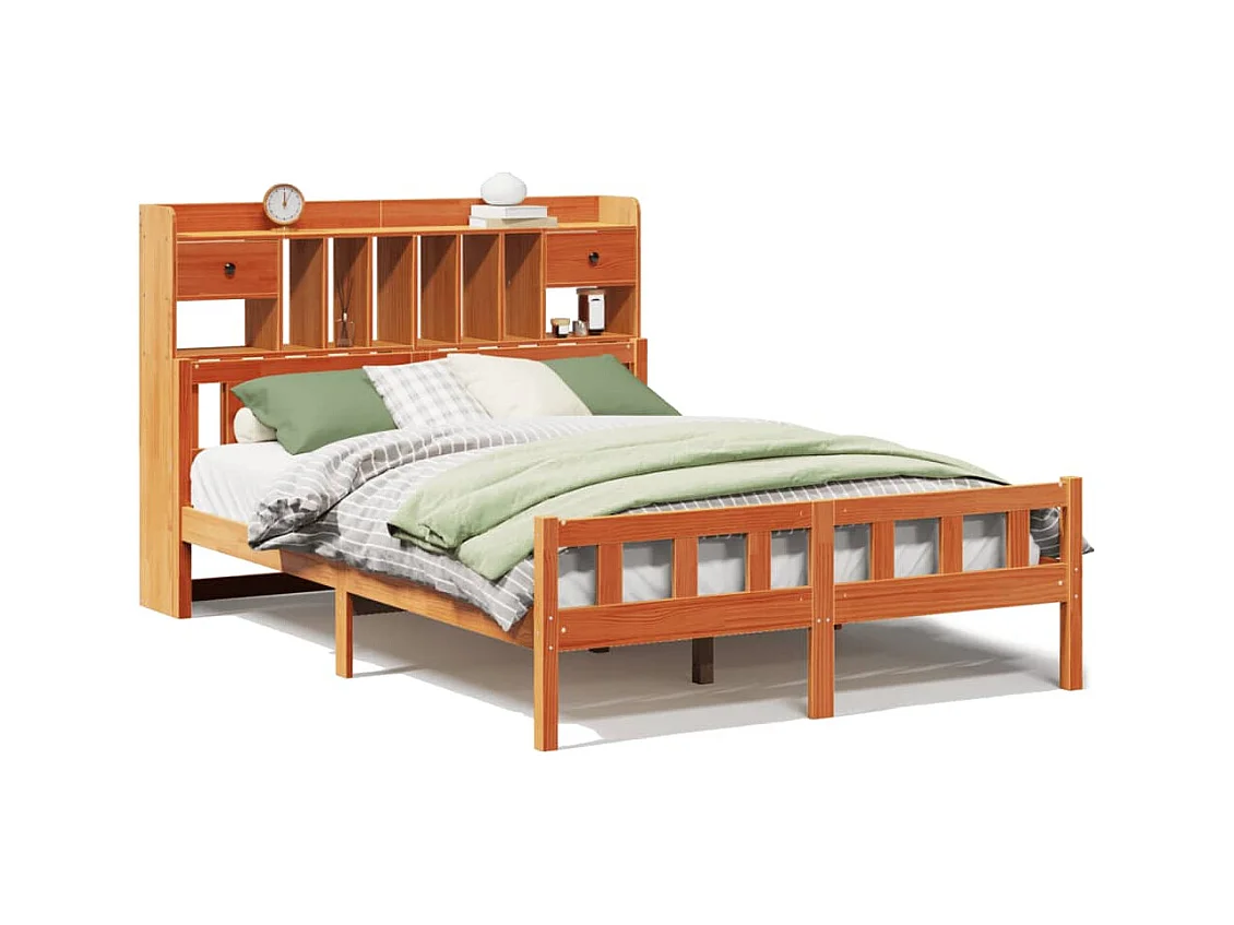 Lit bibliothèque sans matelas cire marron 150x200 cm pin massif