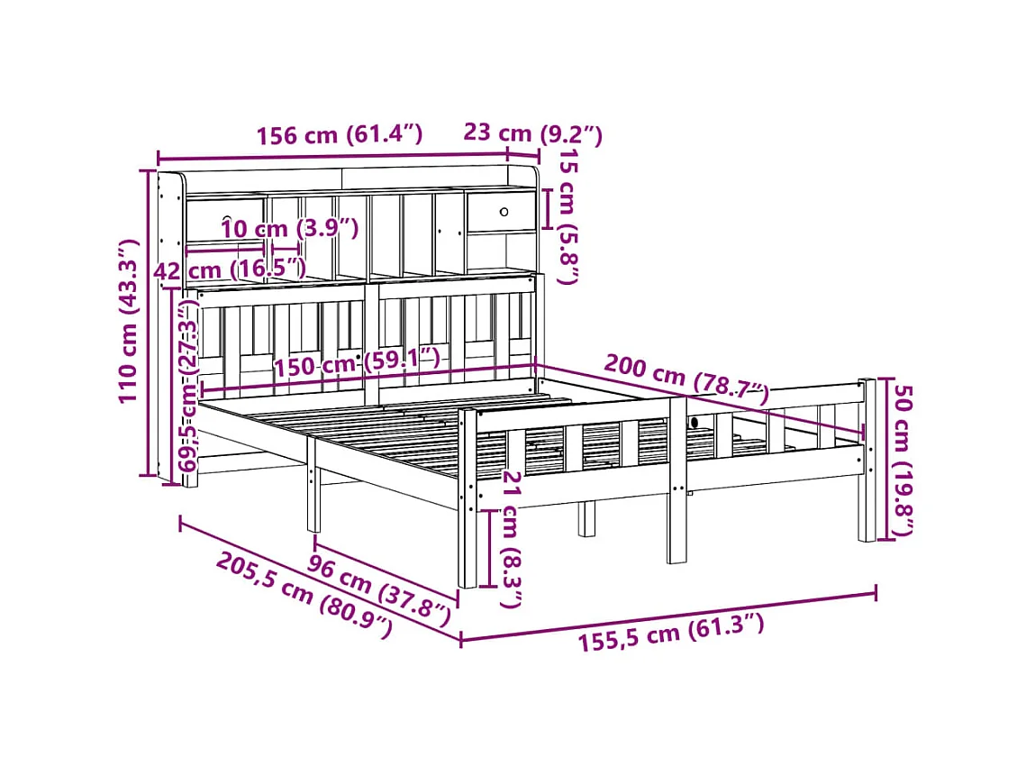 Lit bibliothèque sans matelas cire marron 150x200 cm pin massif