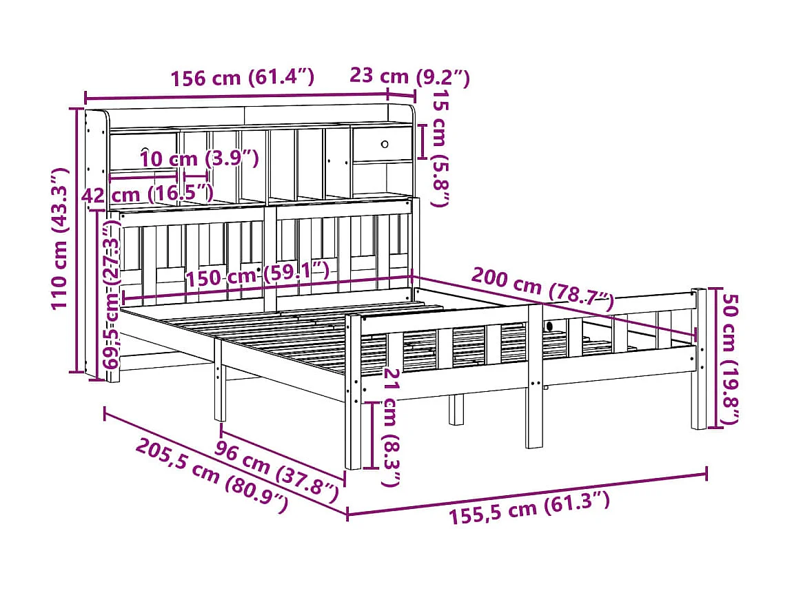 Bed met boekenkast zonder matras grenenhout wasbruin 150x200 cm