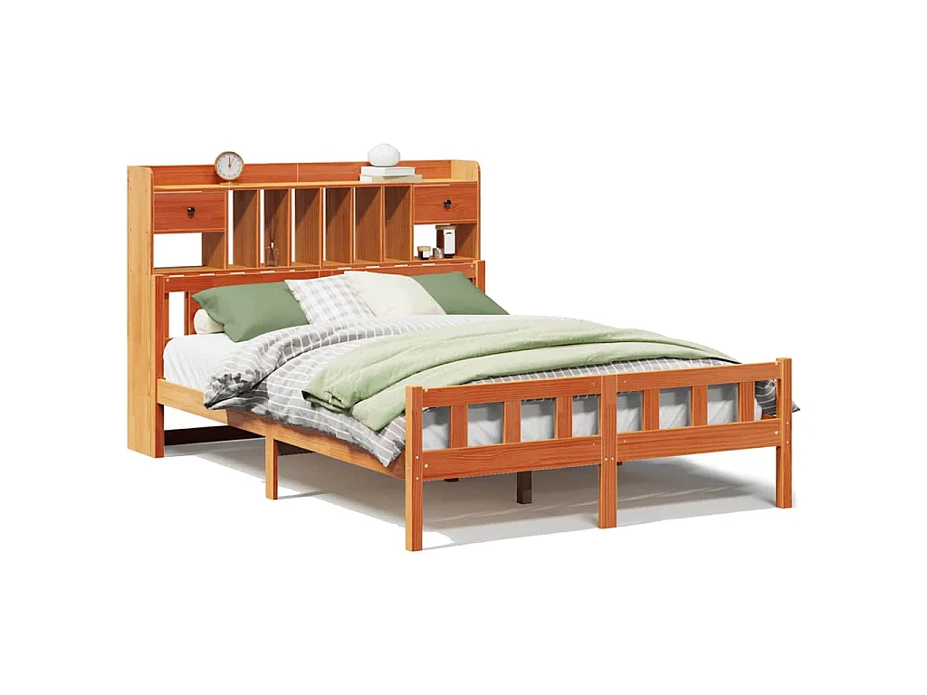 Lit bibliothèque sans matelas cire marron 150x200 cm pin massif