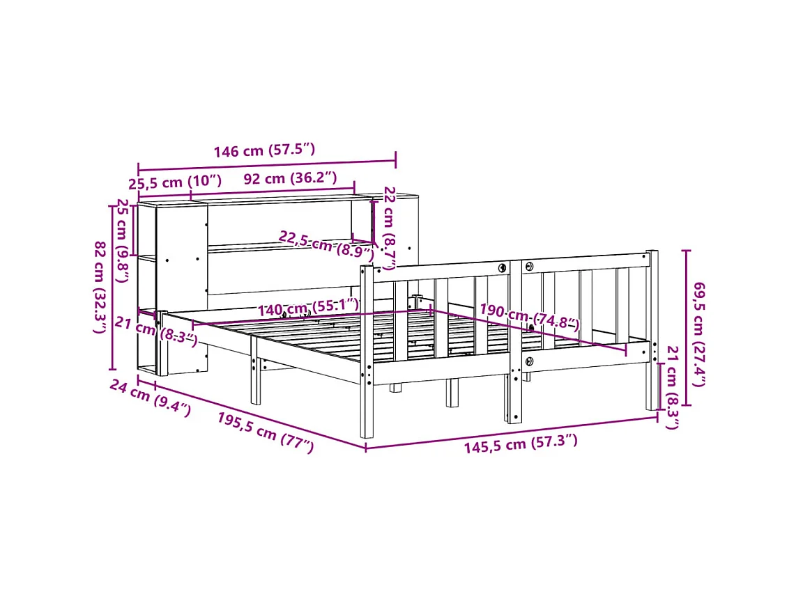 Lit bibliothèque sans matelas 140x190 cm bois de pin massif