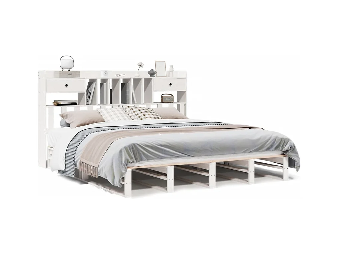 Massivholzbett mit Regal ohne Matratze Weiß 180x200 cm Kiefer