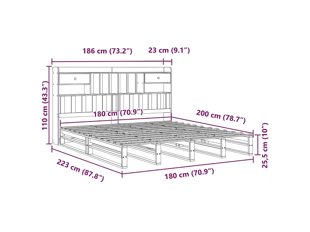 Bed met boekenkast zonder matras grenenhout wit 180x200 cm