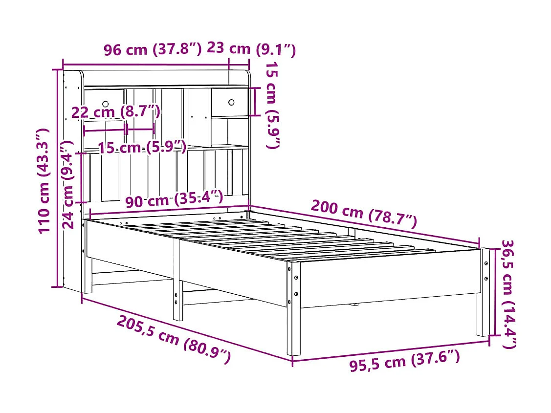 Massivholzbett mit Regal ohne Matratze Weiß 90x200 cm Kiefer