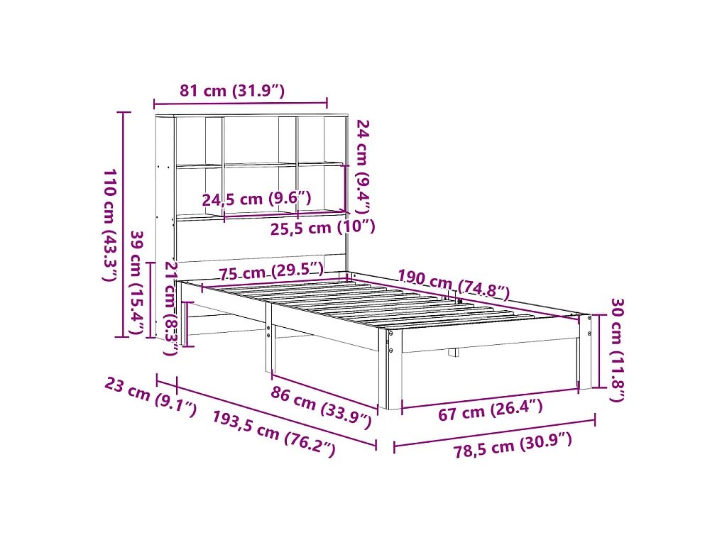 Letto Libreria senza Materasso Marrone Cera 75x190 cm in Pino