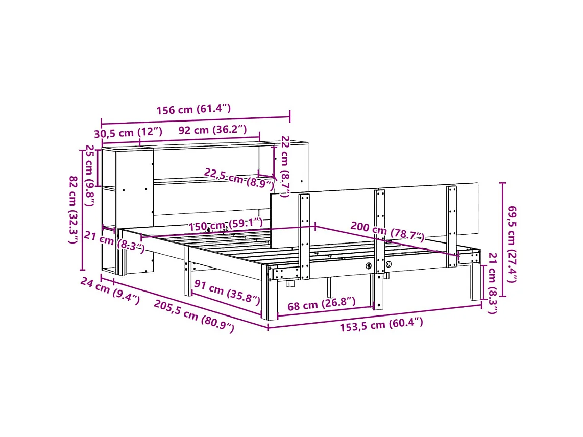 Lit bibliothèque sans matelas 150x200 cm bois massif de pin
