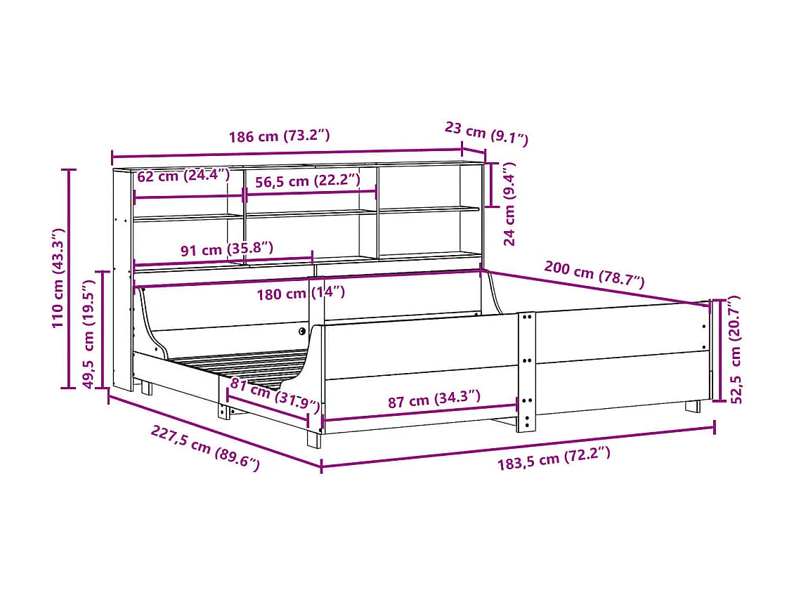 Cama com estante sem colchão 180x200 cm madeira maciça branco