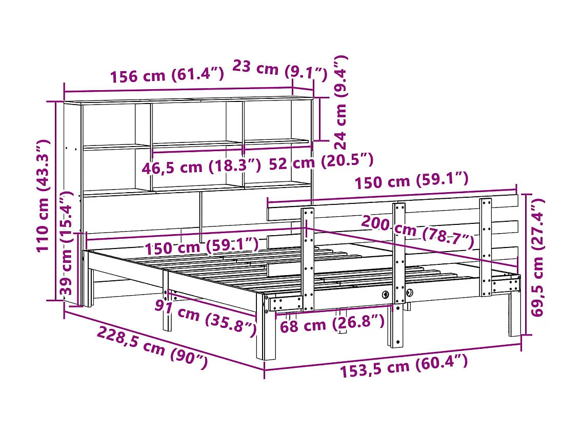 Massivholzbett mit Regal ohne Matratze Wachsbraun 150x200 cm