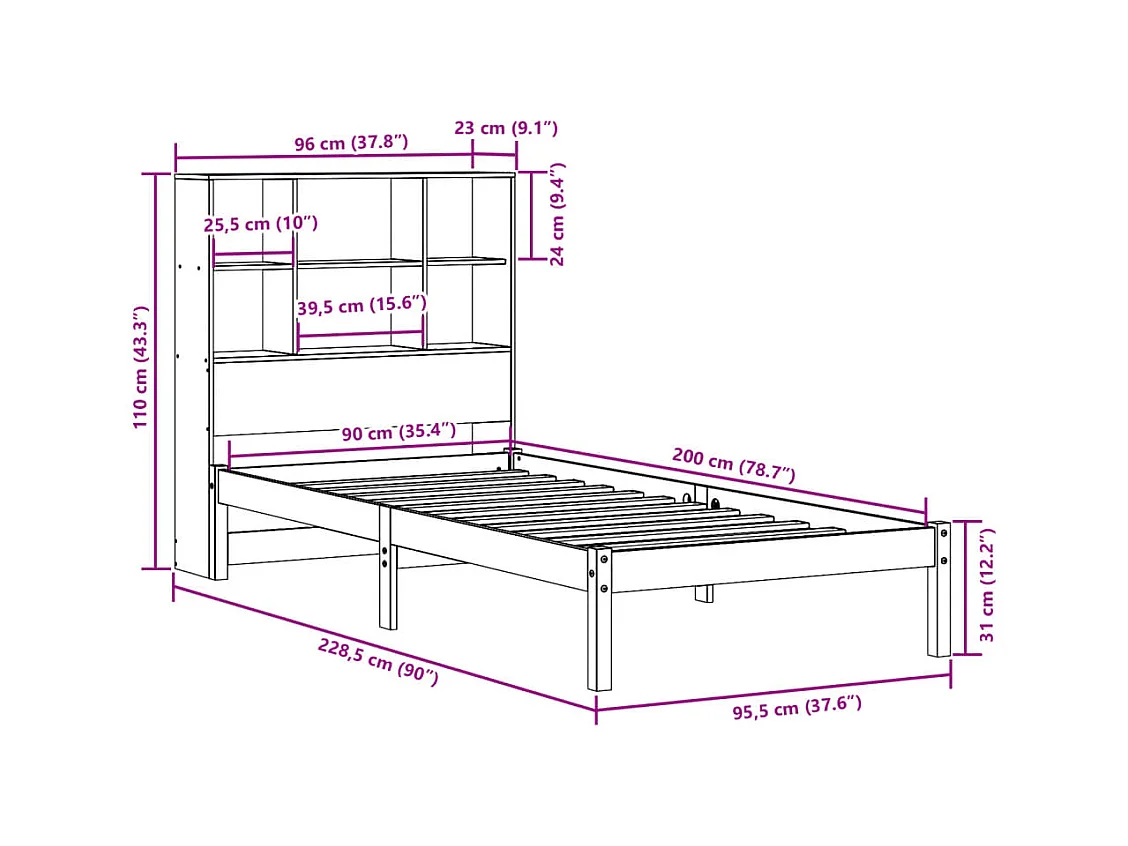 Lit bibliothèque sans matelas blanc 90x200cm bois de pin massif